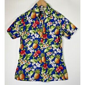 Go Barefoot Hawaiian Popover Shirt Womens XS‎ Blue Pineapple Floral Aloha